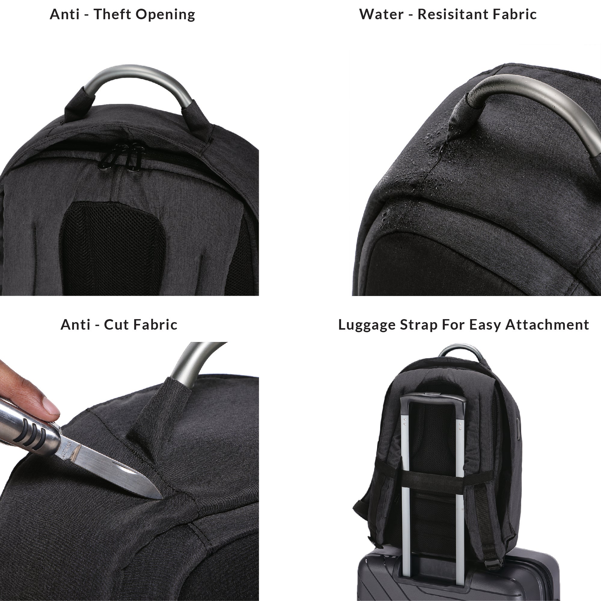 Water resistant office backpack with ergonomic back support and luggage strap