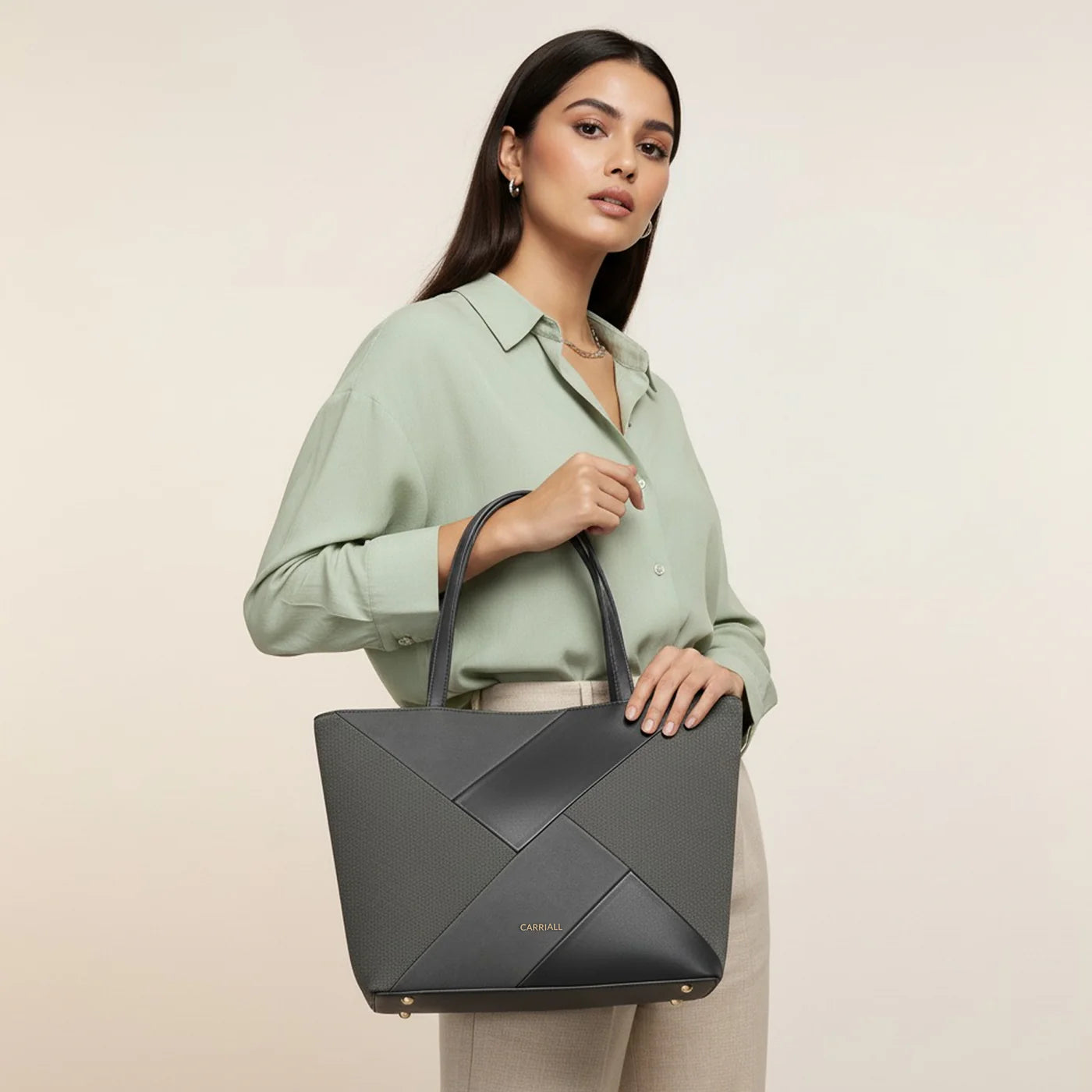 stylish grey women’s handbag for office and everyday use