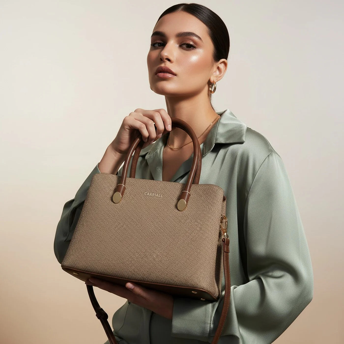 brown handbag styled with a relaxed weekend outfit