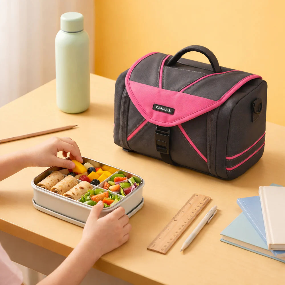Zento Kids Lunch Bag, pink kids tiffin carrier with spacious compartments by Carriall