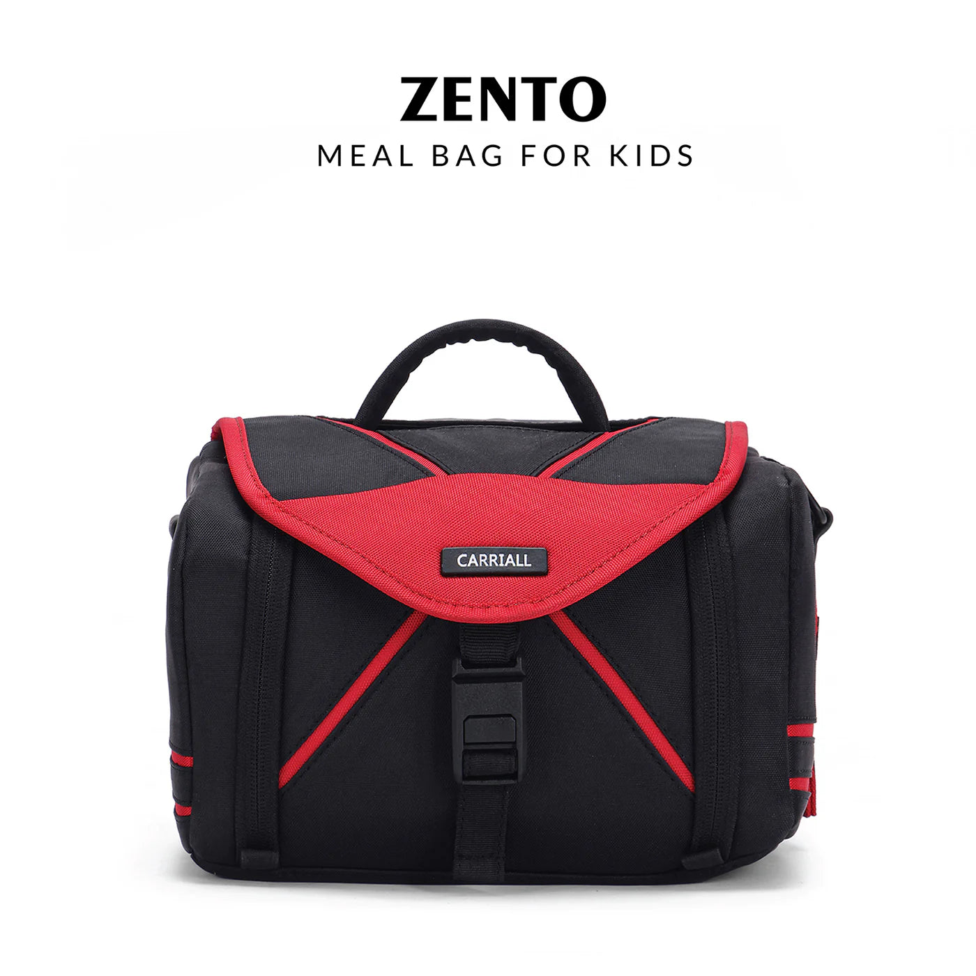 Zento Kids Lunch Bag, black red tiffin carrier with shoulder strap and pockets by Carriall