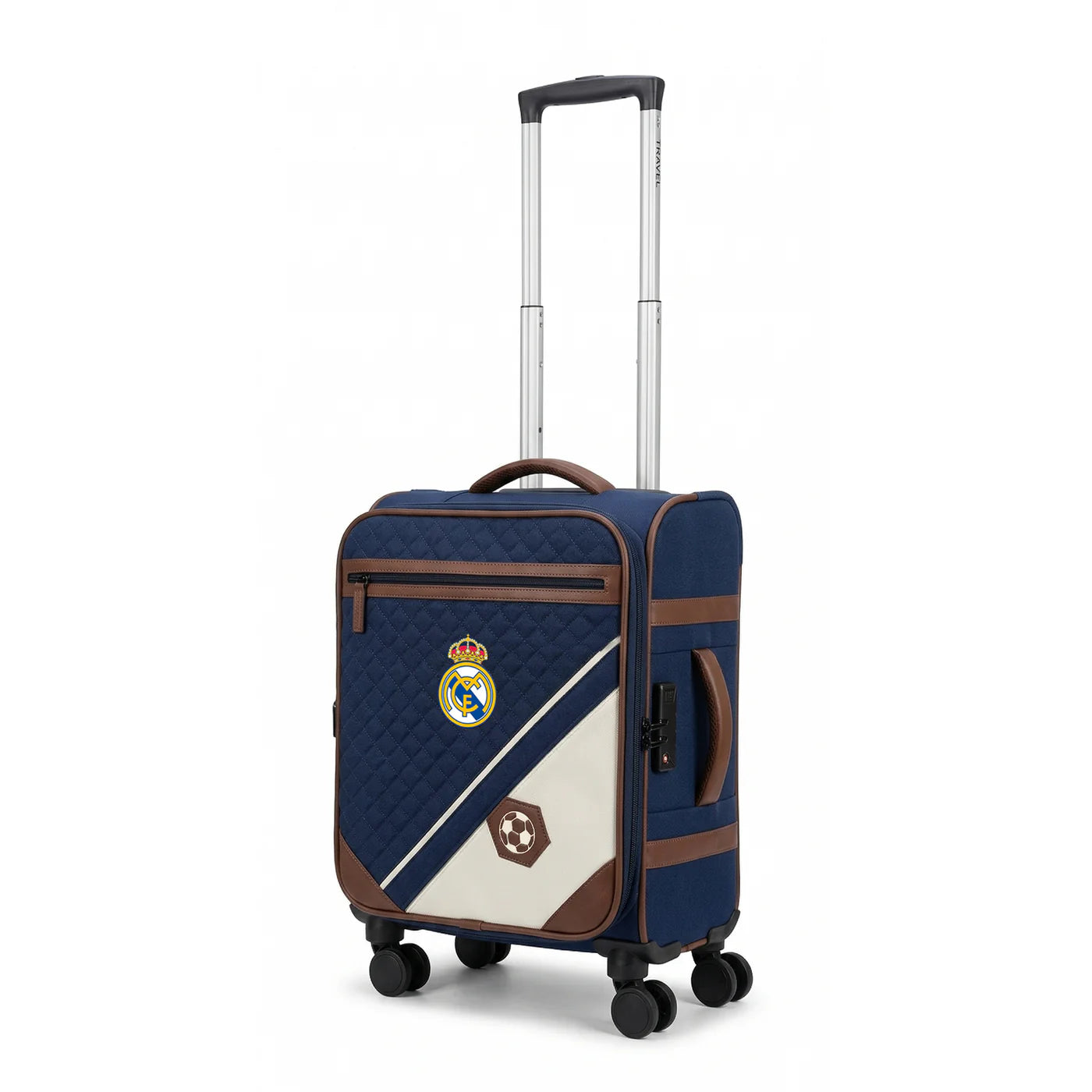 Carriall Real Madrid premium trolley luggage, durable travel bag suitcase with dual spinner wheels and security TSA lock.