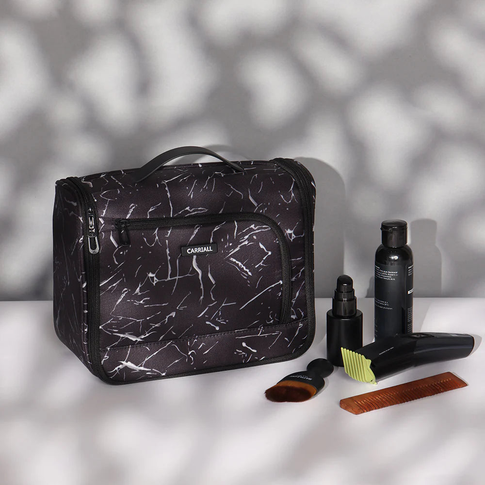 Prepp Kit Toiletry Bag, black dopp kit with wet pouch and storage sections by Carriall