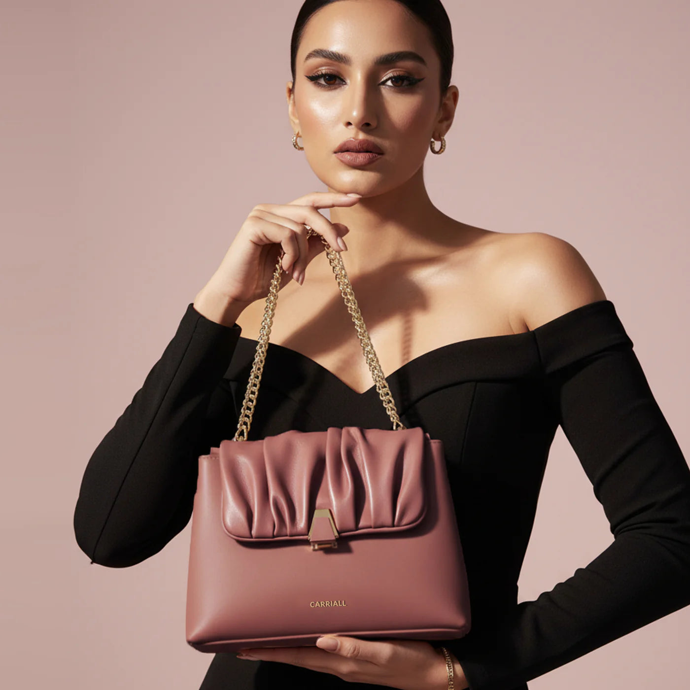 Bella Shoulder Bag, pink fashion shoulder tote with elegant metallic accents by Carriall