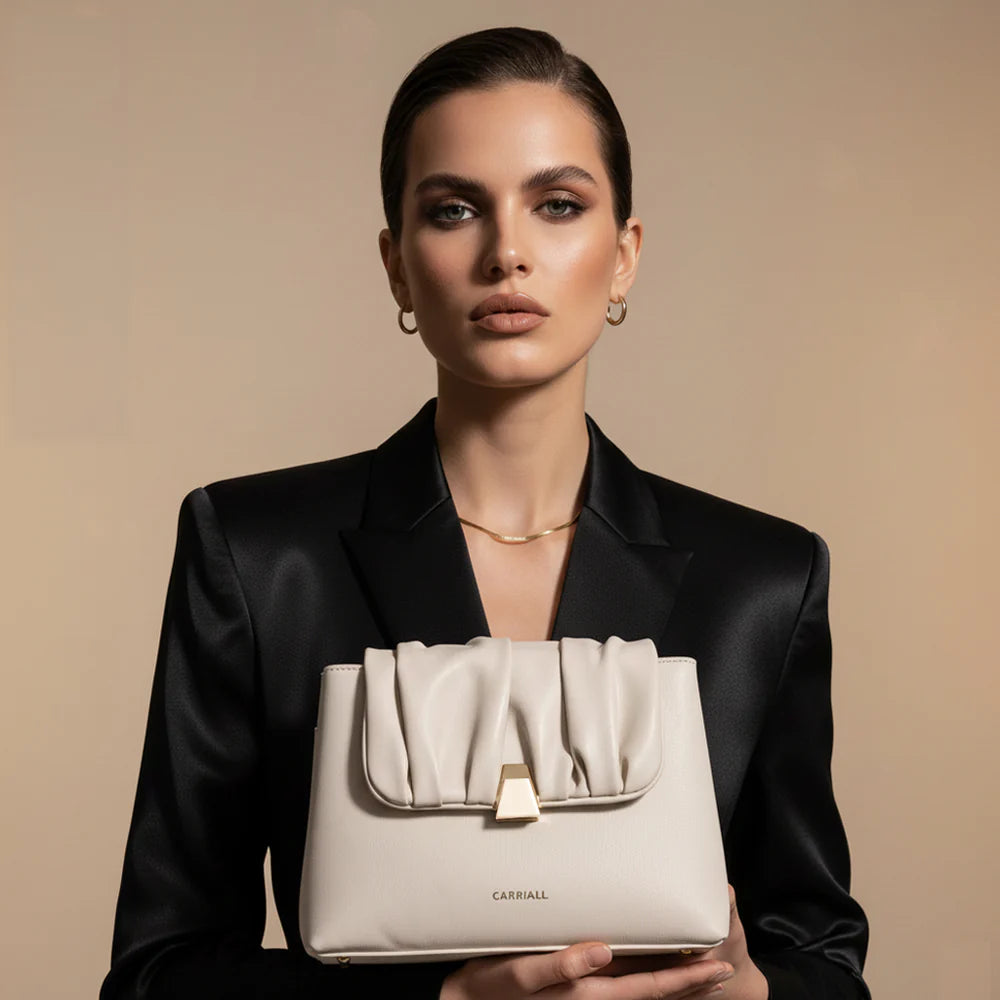 Bella Shoulder Bag, white luxury handbag with metallic chain strap and mini wallet by Carriall
