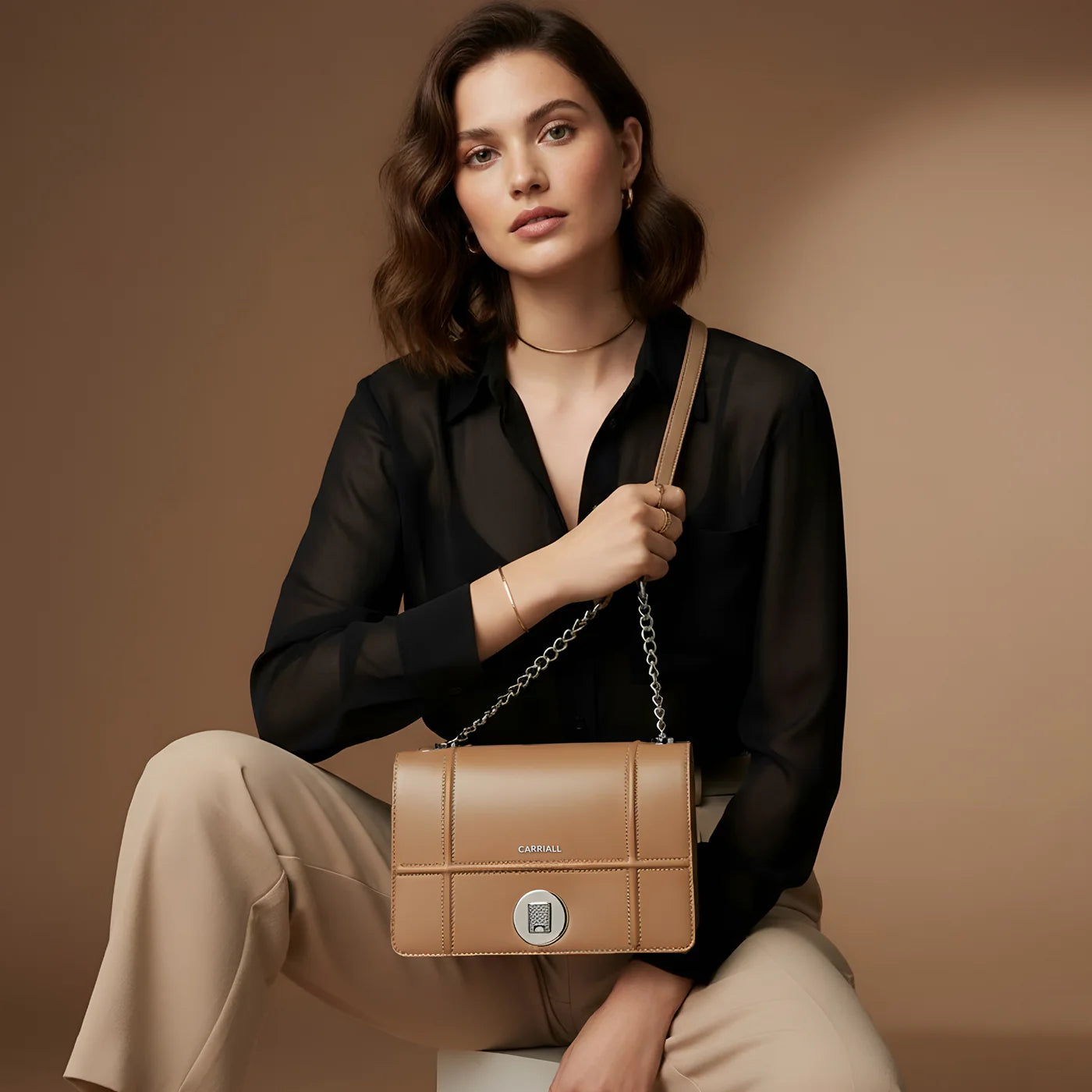 Fable Shoulder Bag, a stylish beige handbag with dual compartments for daily essentials by Carriall