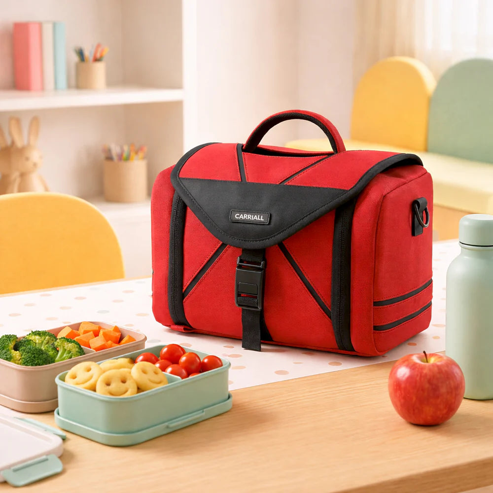 Zento Kids Lunch Bag, wine red meal bag with organised storage pockets by Carriall
