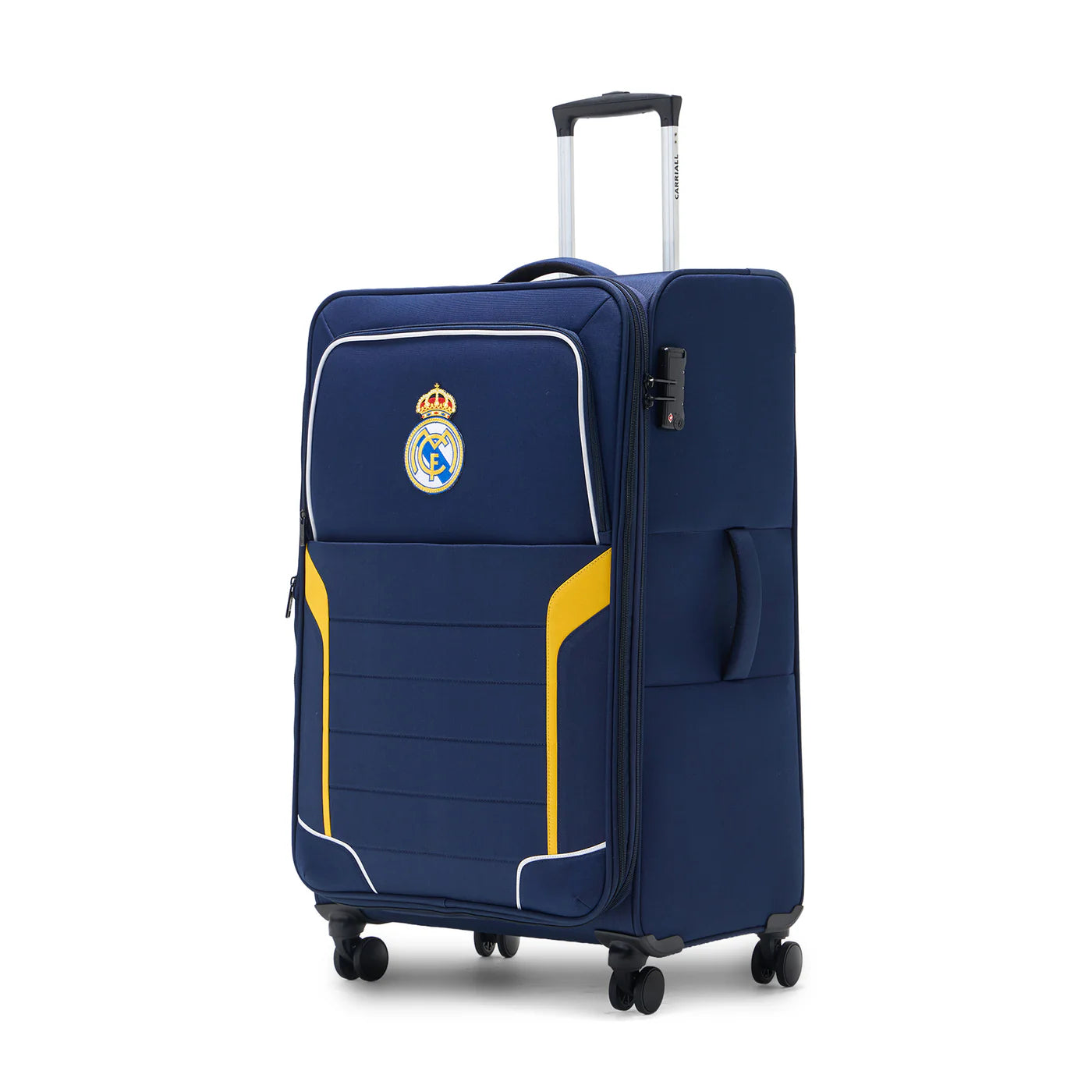 Real Madrid travel trolley featuring dual 360° wheels and club-inspired styling