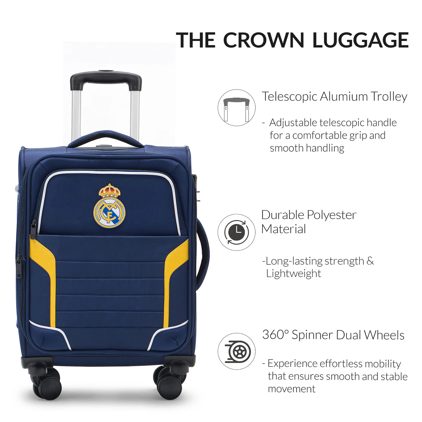 Real Madrid travel bag with durable polyester shell and TSA-approved lock