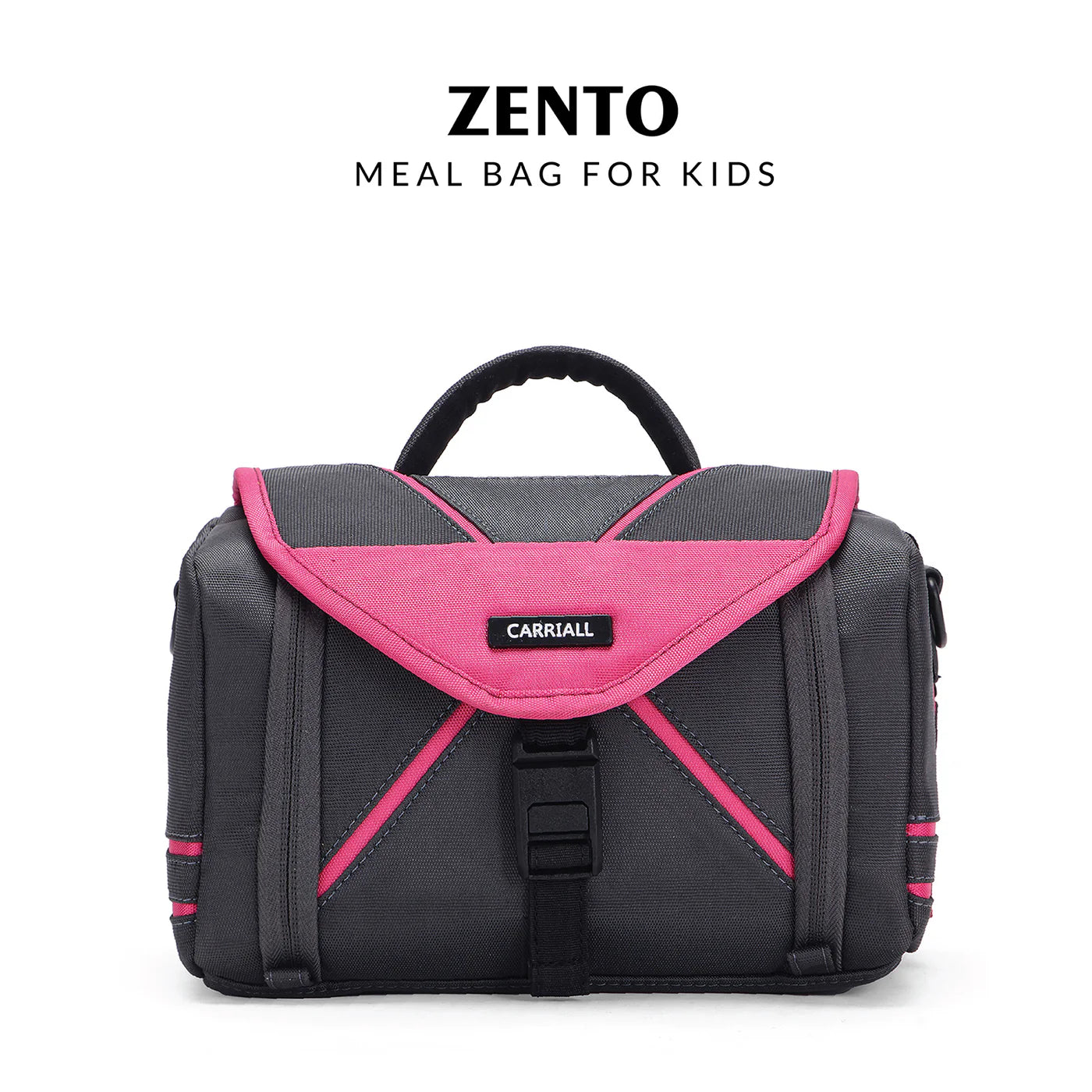 Zento Kids Lunch Bag, black and pink meal bag with storage pockets by Carriall