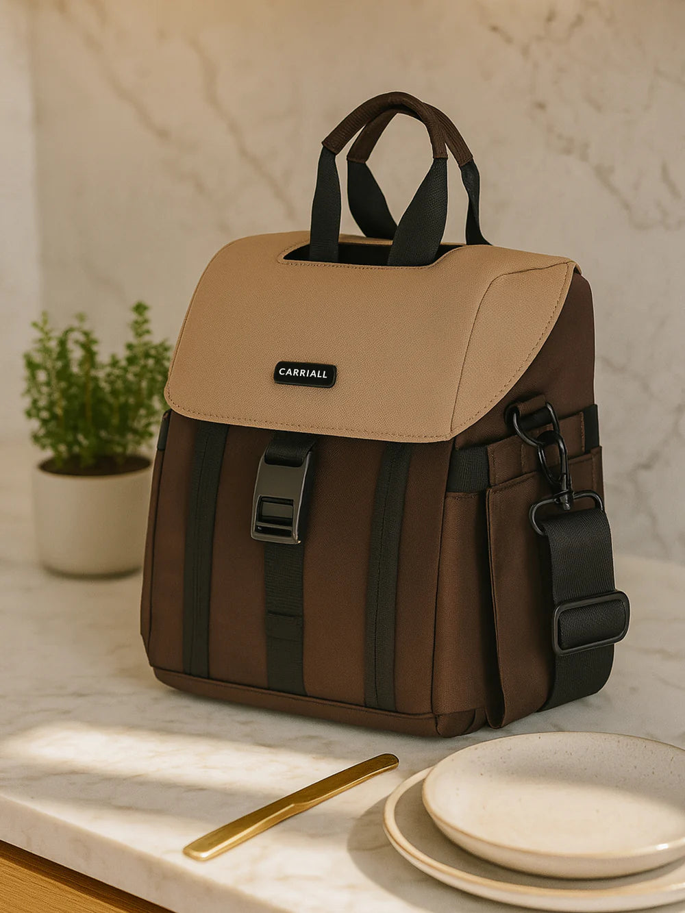 Nova Premium Lunch Bag, brown tiffin bag for office meals and travel by Carriall