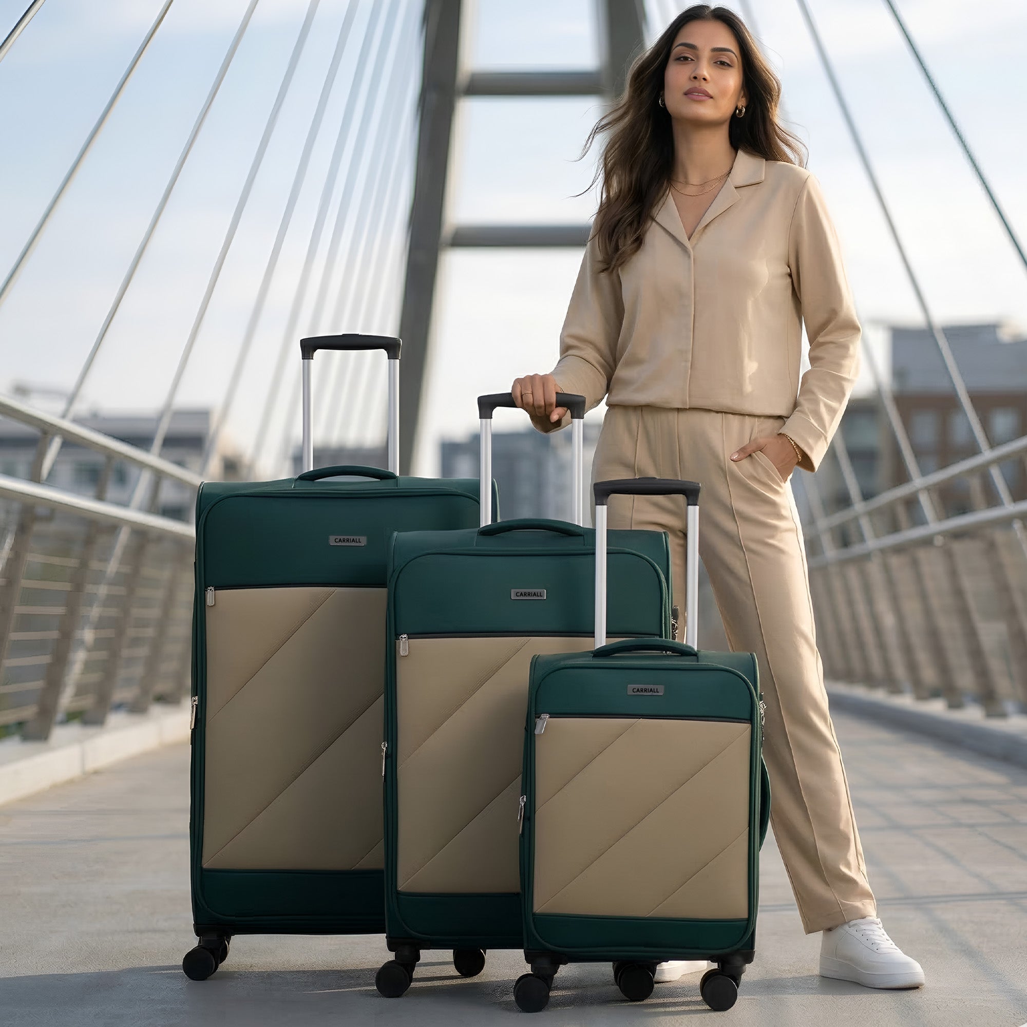 SLASH Luggage Set of 3, green wheeled baggage combo for long holidays by Carriall